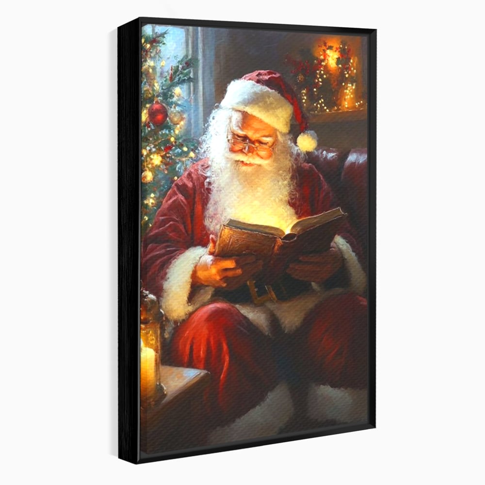 Tablou canvas cu tablou canvas cu mos craciun citind, in rama de aluminiu negru